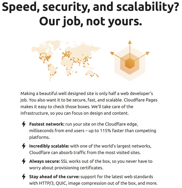 Marketing copy with reasons to deploy on Cloudflare Pages