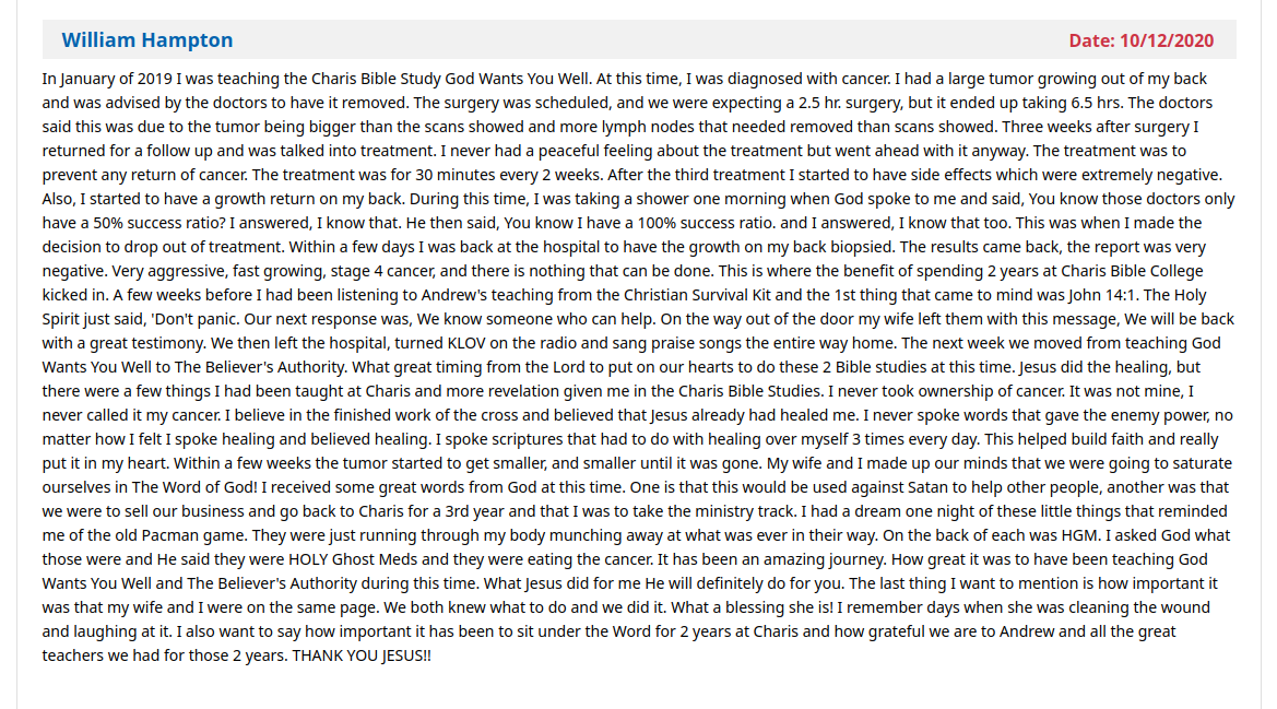 A Tesimony from a Charis teacher, William Hampton